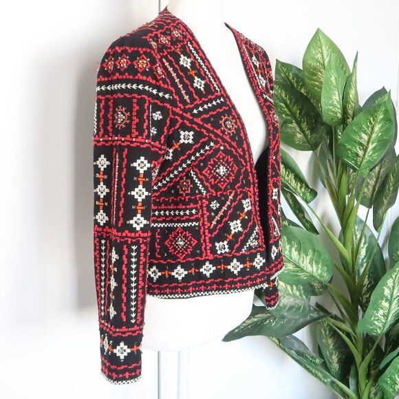 Zara Black Red Embroidered Beaded Open Front Crop Blazer Ethnic Dressy Statement - Picture 10 of 16
